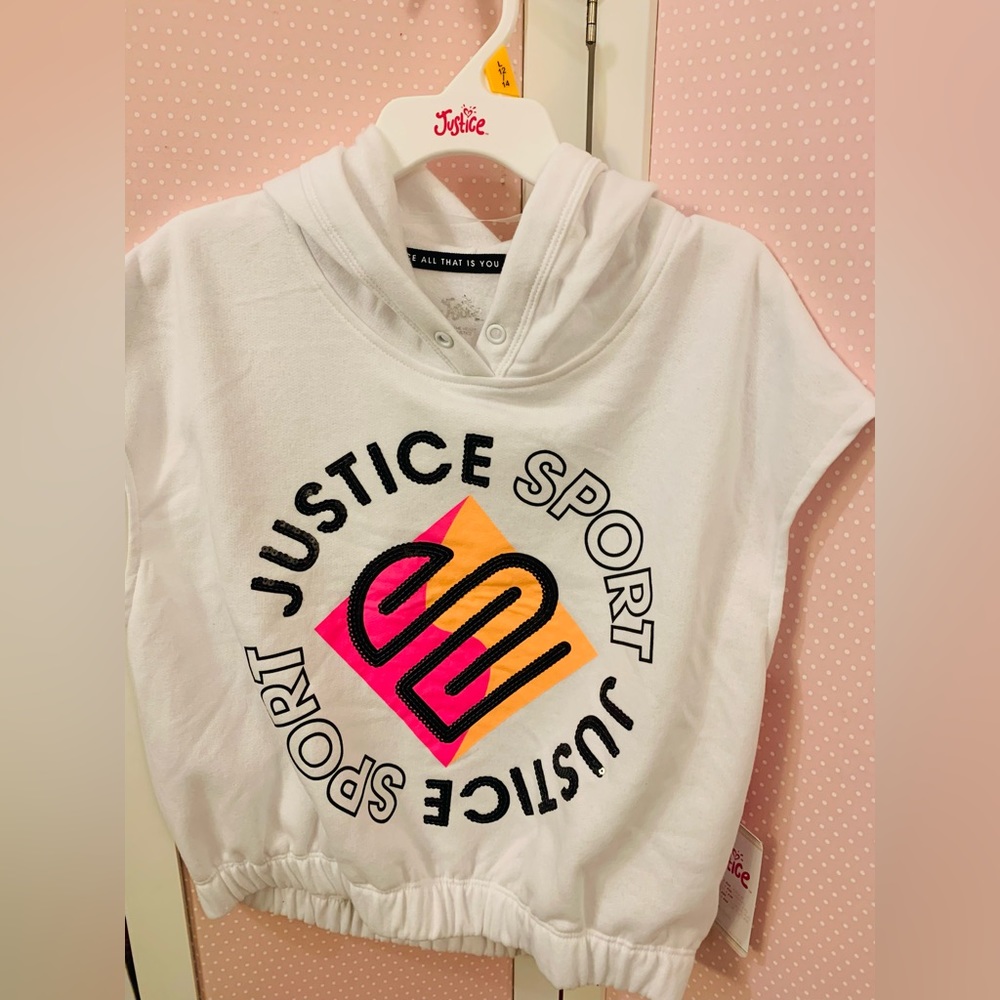 Girls size L 12-14 white cut off sleeve hoodie. Sweatshirt sporty bright graphic